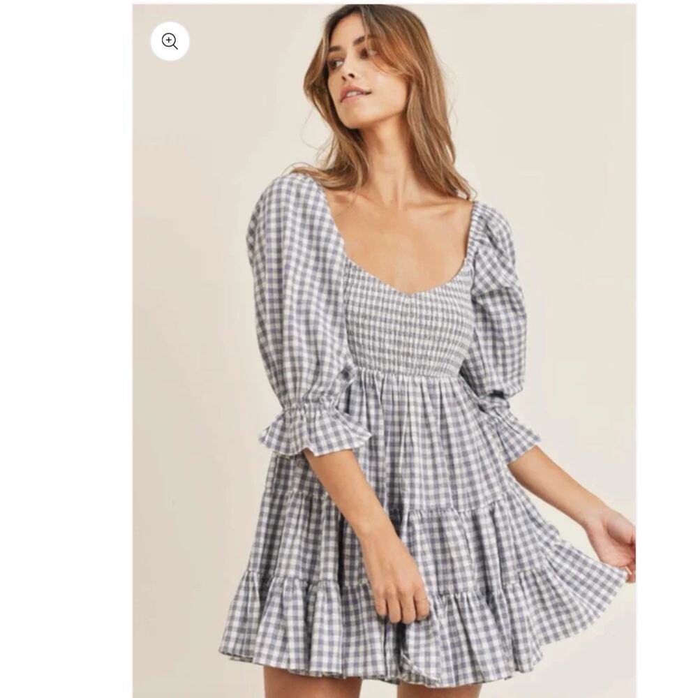 Mable Blue Gingham Mini Dress Size S Smocked Bodice Puff Sleeves Tiered Milkmaid